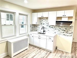 48 Lincoln Street New Rochelle, NY 10801 - Photo 6 of 9 Kitchen with a sink, decorative backsplash, white cabinets, light countertops, and ventilation hood