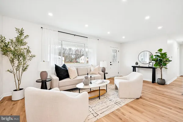 a living room with furniture a potted plant and a large window