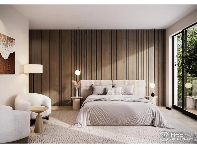 a bedroom with a bed and a lamp with window