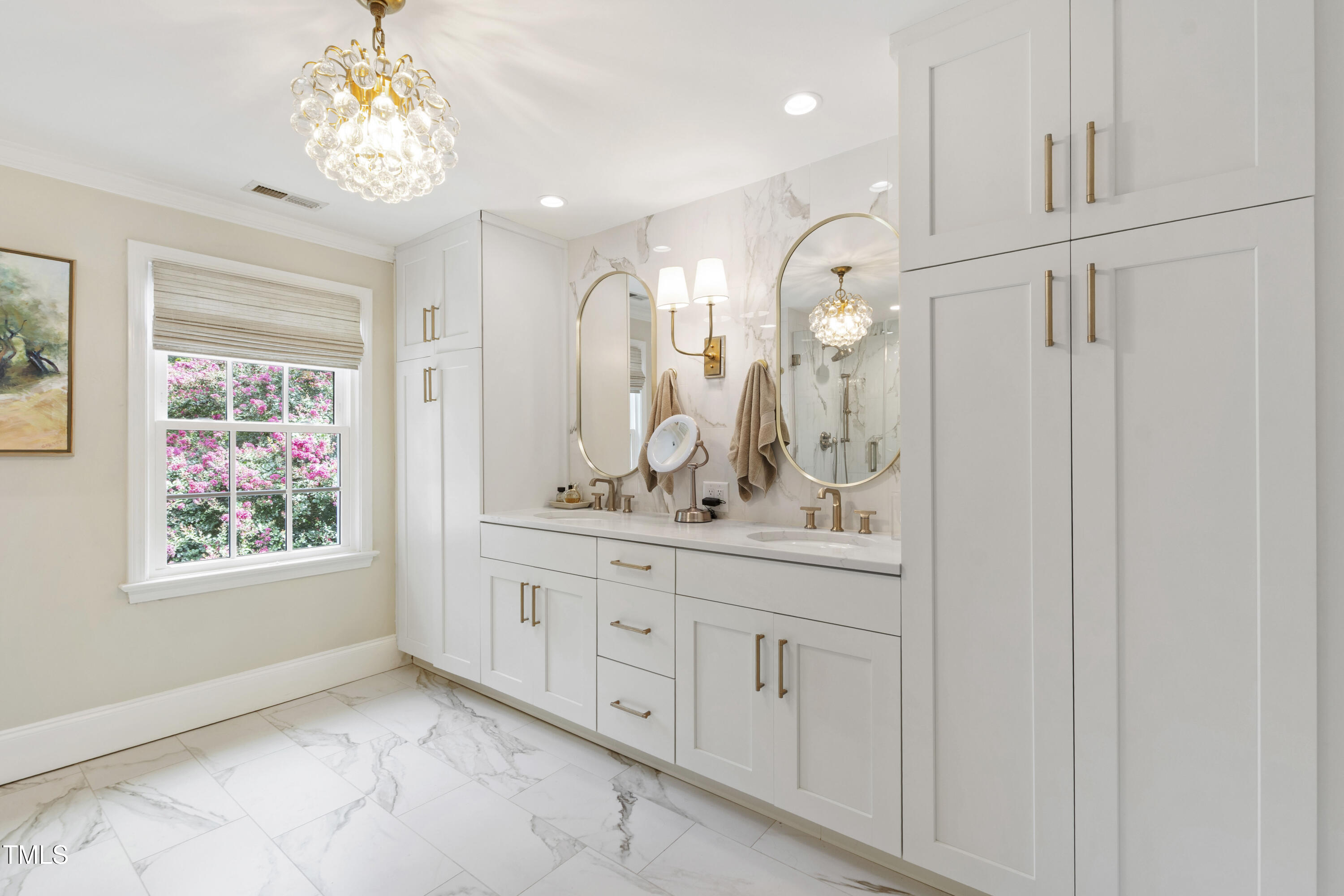 2610 Wells Avenue Raleigh, NC 27608 - Photo 36 of 64 a spacious bathroom with a granite countertop sink a mirror and a shower