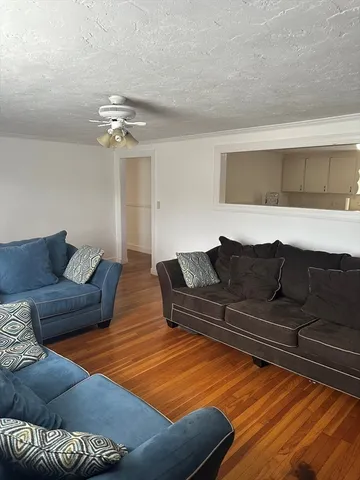 a living room with furniture and a ceiling fan