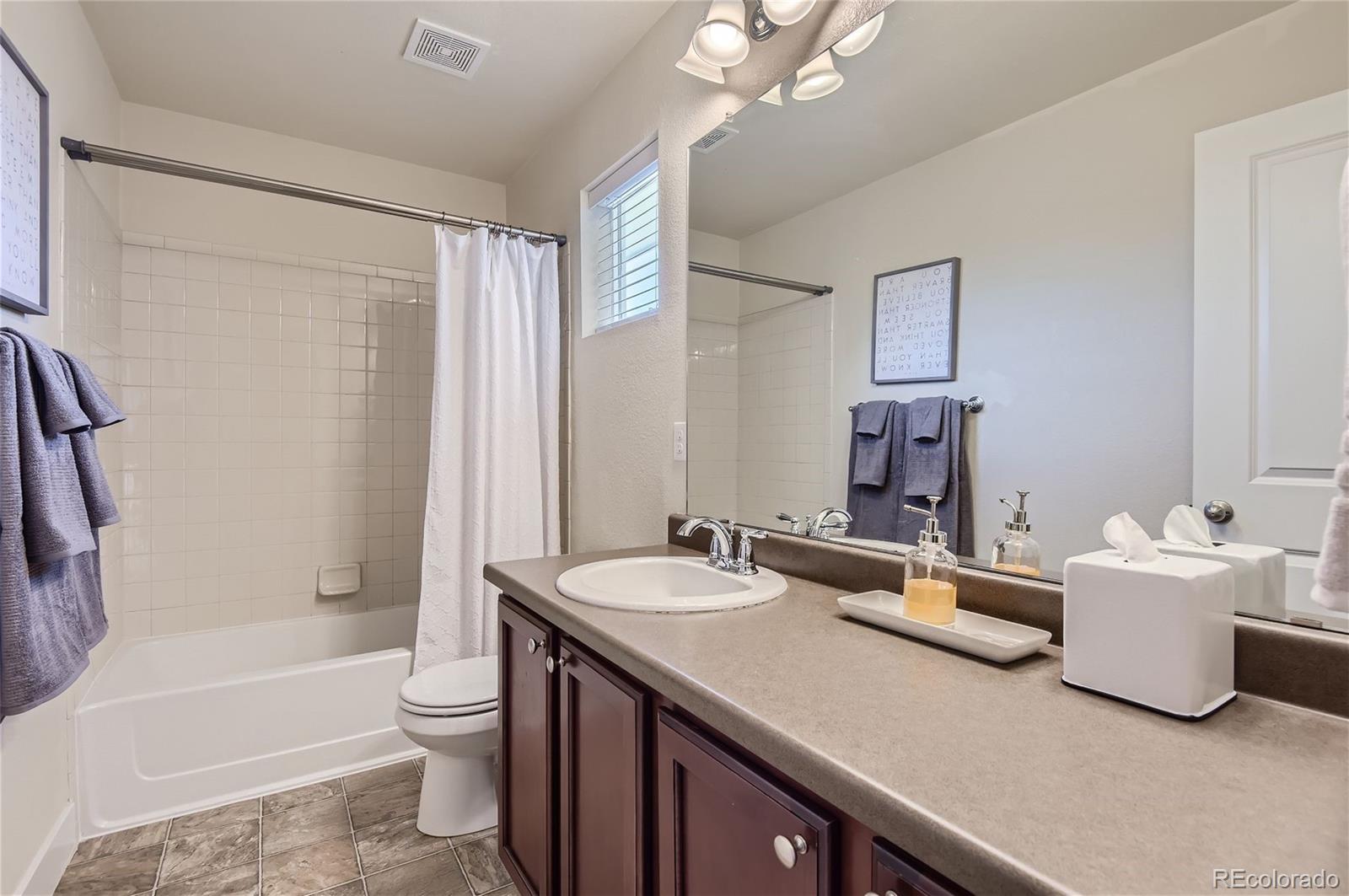 10495 Rutledge Street Parker, CO 80134 - Photo 20 of 32 a bathroom with a double vanity sink toilet mirror and bathtub