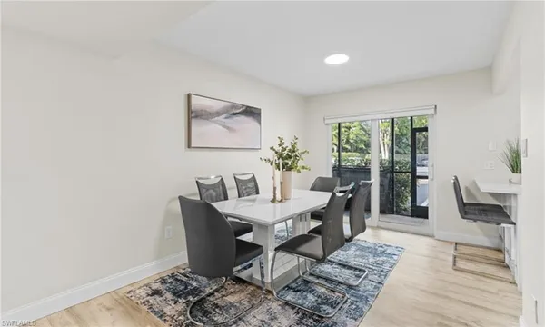 a view of a dining room with furniture and wooden floor