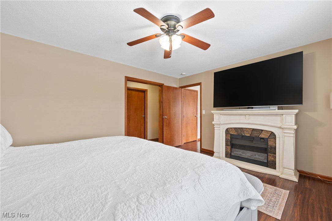 399 Wilder Road Vinton, OH 45686 - Photo 14 of 36 Bedroom with a glass covered fireplace, ceiling fan, and dark wood-style flooring