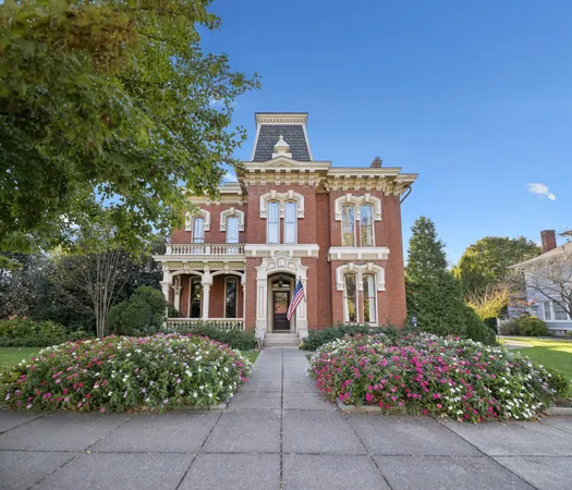 a aerial view of a house with a yard and potted plants