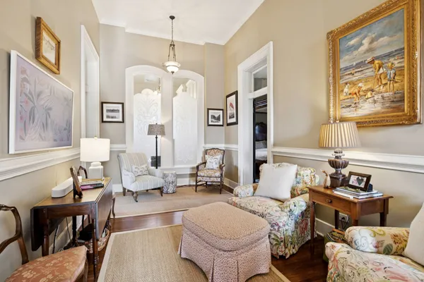 a view of a garden with a bench