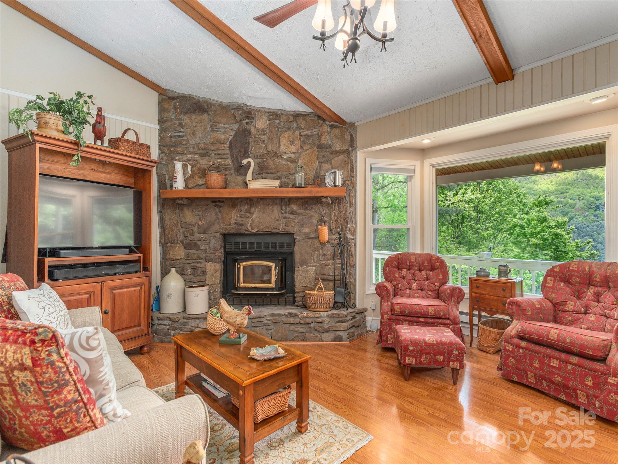 227 Soco Acres Road Maggie Valley, NC 28751 - Photo 8 of 27 a living room with furniture a flat screen tv and a fireplace