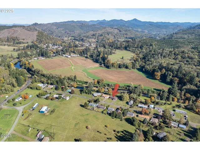 a view of a town with mountains in the background