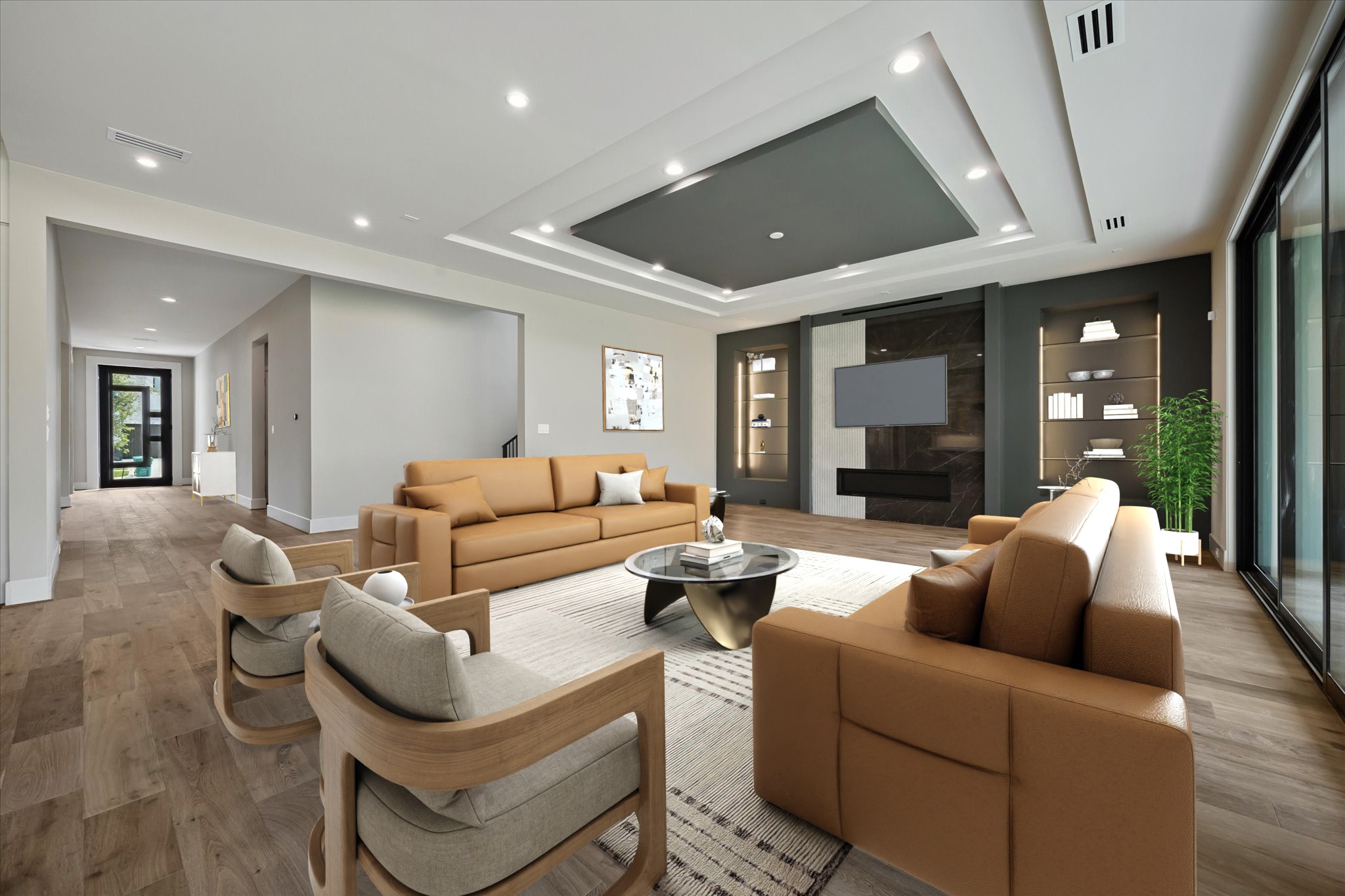 2120 Branard Street Houston, TX 77098 - Photo 5 of 33 This massive living room impresses with striking ceiling detail and a stunning fireplace flanked by inset, lighted glass shelving for elegant display.