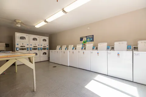 a view of a patio with couches table and chairs with plants and trees