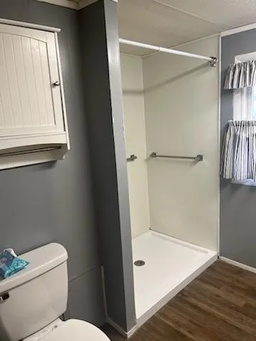 a bathroom with a shower and toilet
