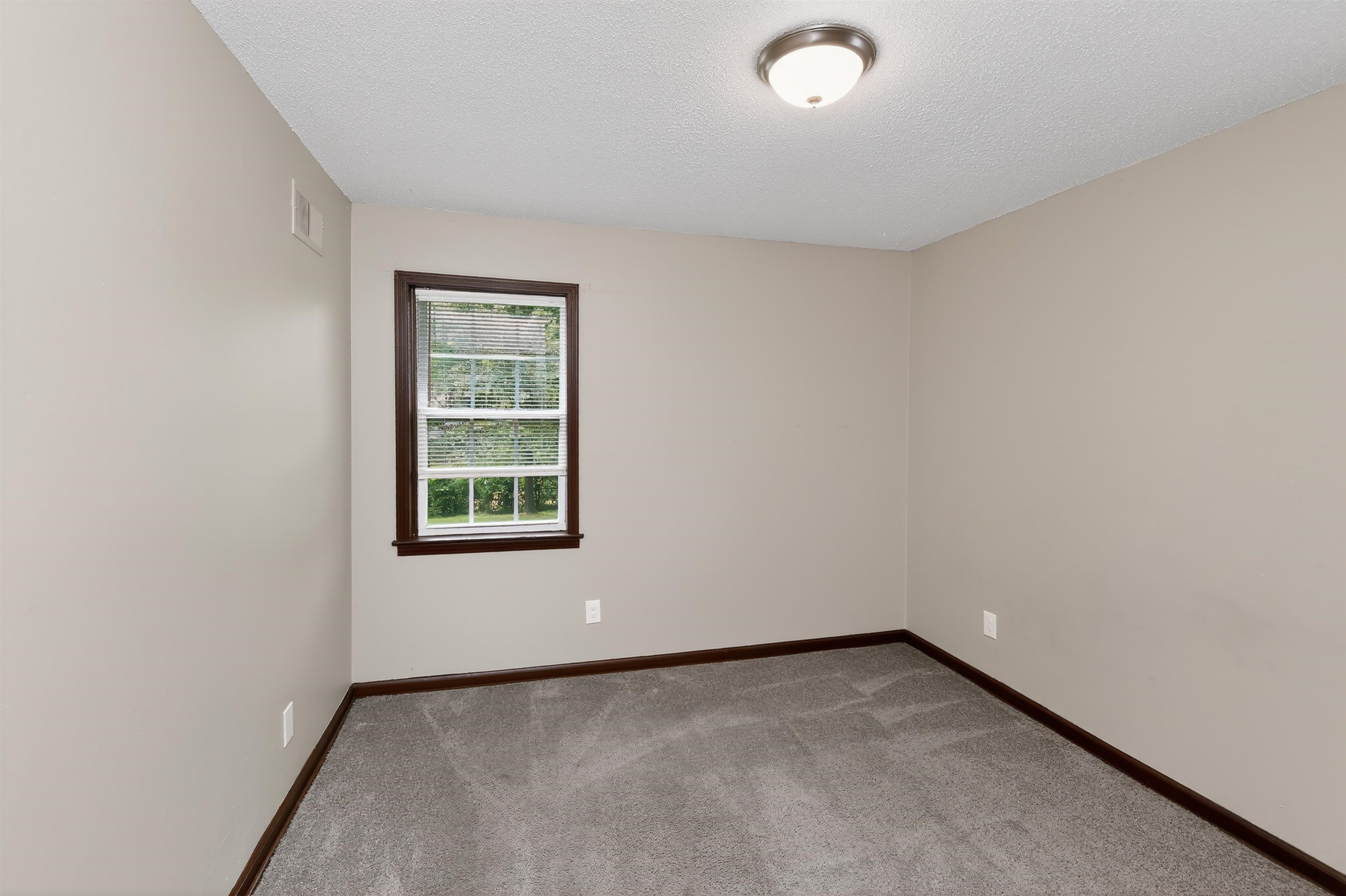 4206 Riche Road Memphis, TN 38128 - Photo 9 of 30 Carpeted room featuring neutral wall tones, a single window with dark wood trim, dark wood baseboards, and a flush-mount ceiling light fixture