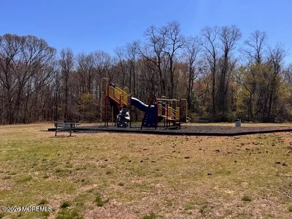 a view of a playground with trees