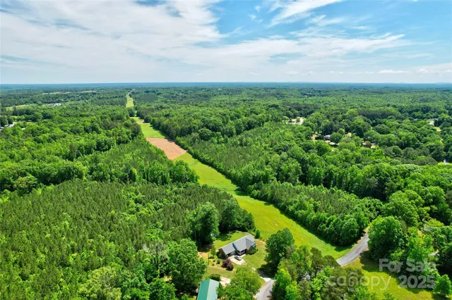 an aerial view of residential houses with outdoor space and trees