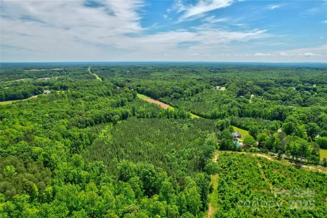 an aerial view of residential houses with outdoor space and trees