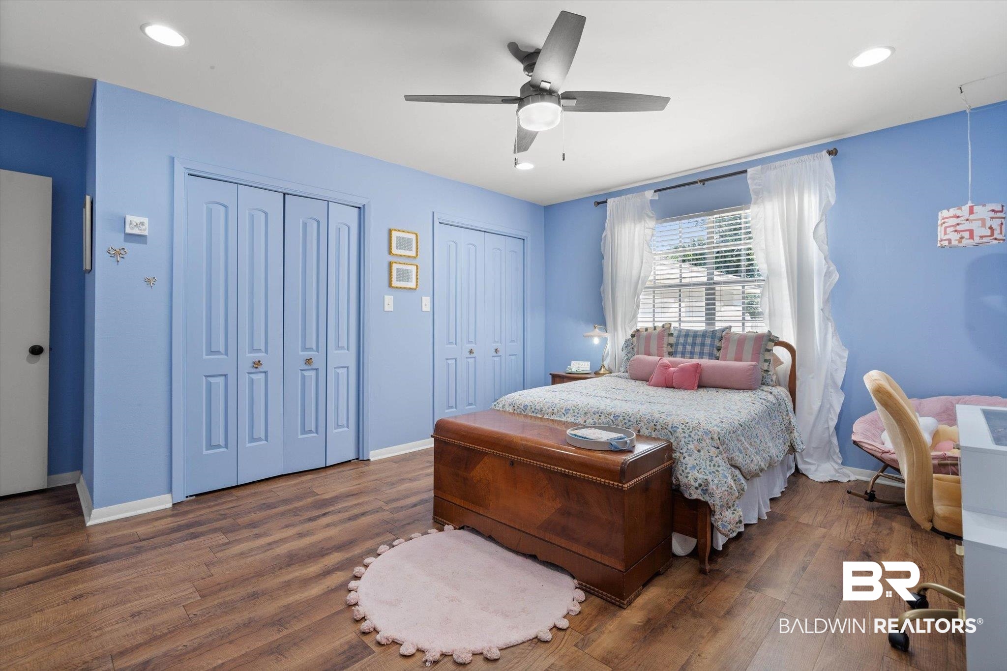 254 Woodlands Avenue Mobile, AL 36607 - Photo 28 of 50 Bedroom featuring multiple closets, dark wood-style flooring, recessed lighting, and a ceiling fan
