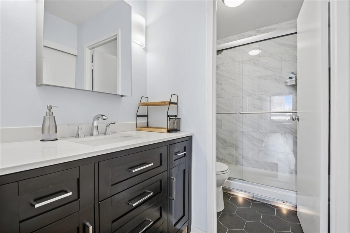 5320 North Sheridan Road, Unit 708 Chicago, IL 60640 - Photo 11 of 19 a bathroom with a shower sink vanity and mirror