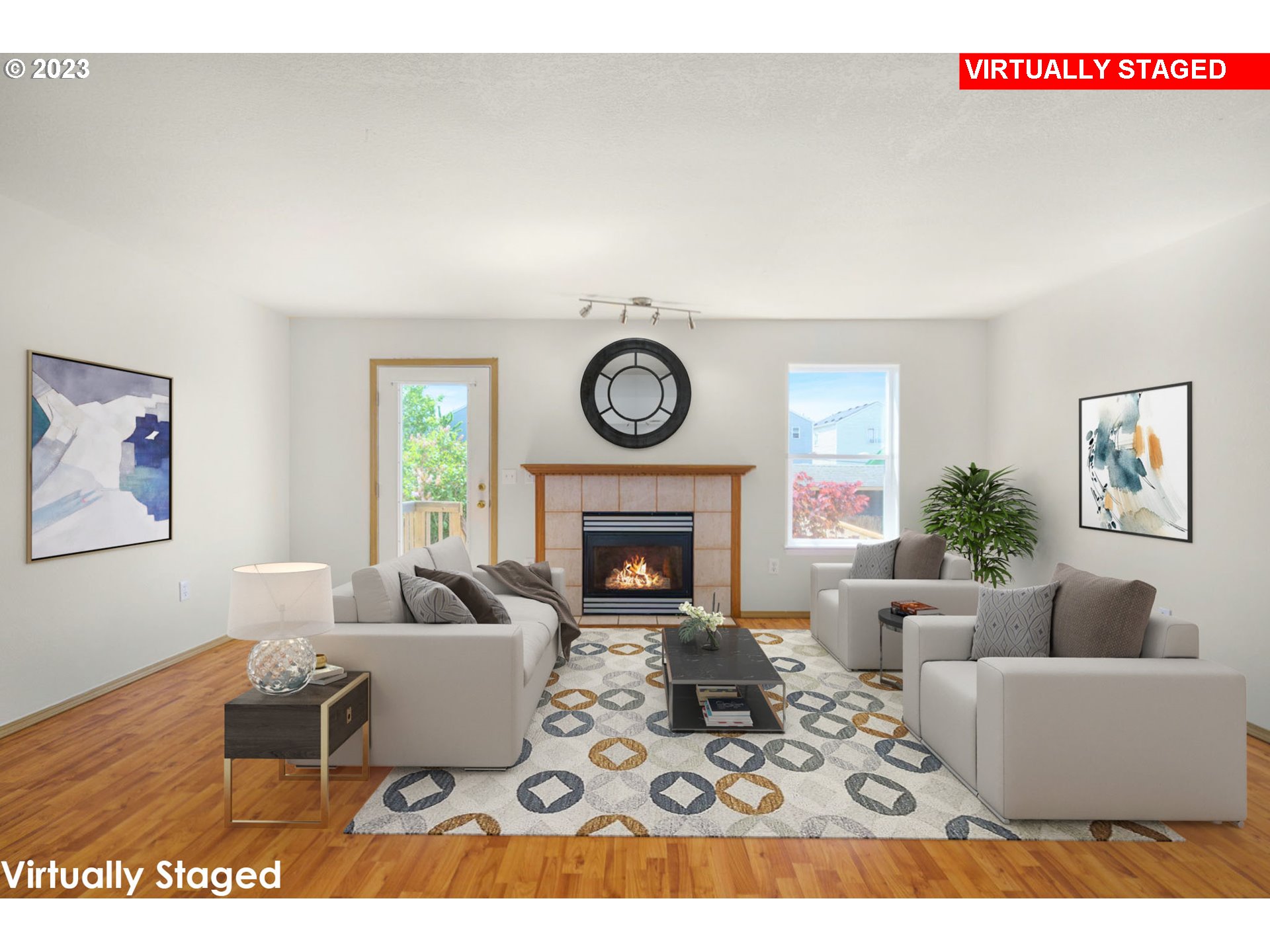 8342 Southeast Clinton Street Portland, OR 97266 - Photo 4 of 25 a living room with furniture a fireplace and a large window