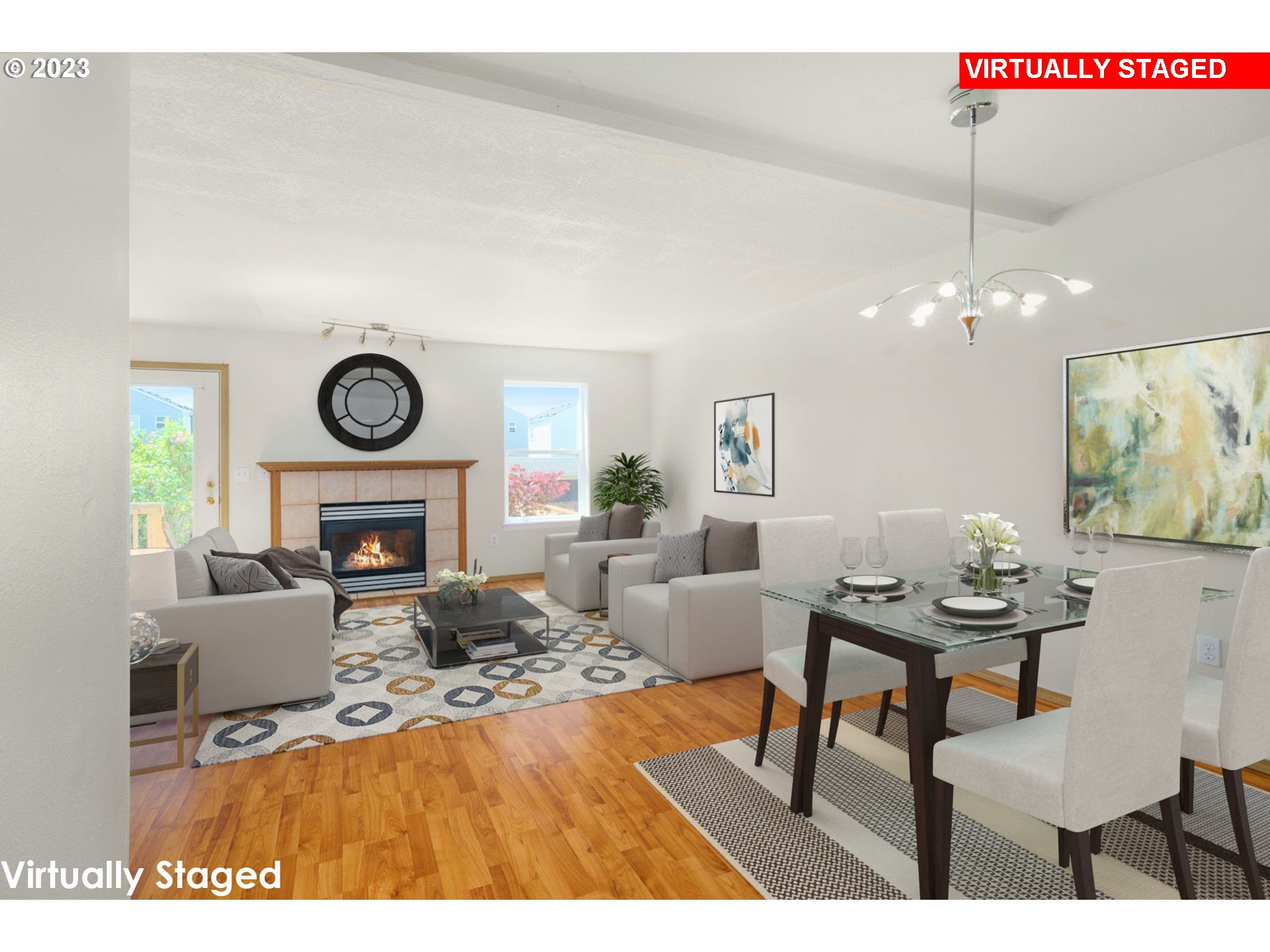 8342 Southeast Clinton Street Portland, OR 97266 - Photo 6 of 25 a living room with furniture a clock and a fireplace