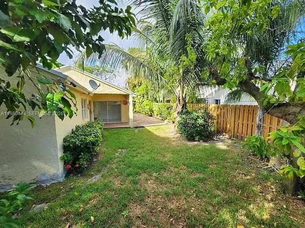 a backyard of a house with plants and large tree