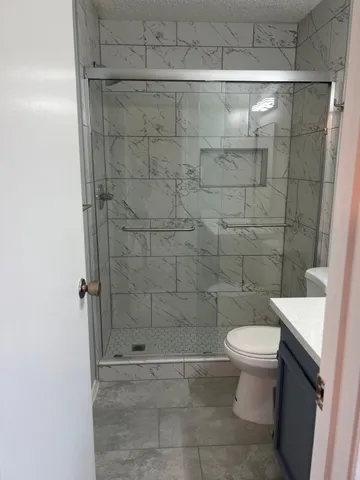 a bathroom with a shower and a toilet