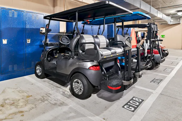 a front view of a car garage