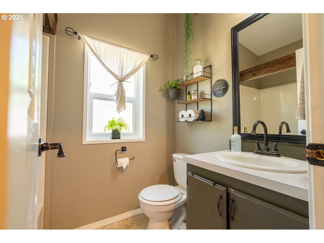 165 8th Place Mill City, OR 97360 - Photo 14 of 39 a bathroom with a sink a toilet and a mirror