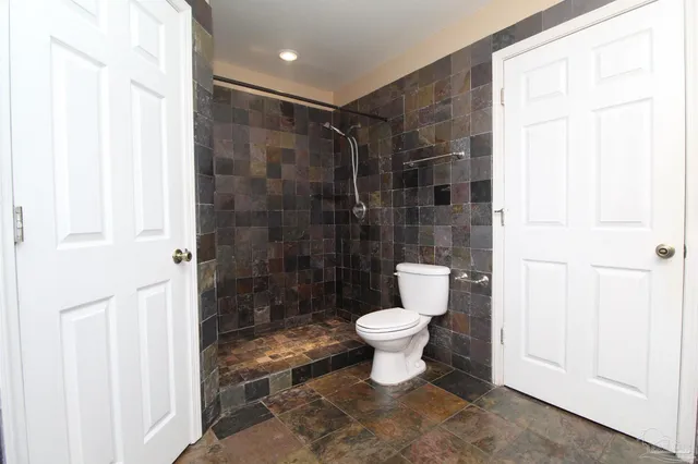 a bathroom with a toilet and a shower