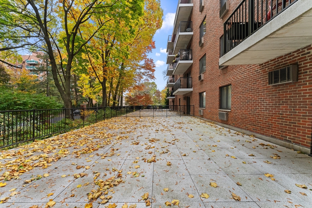 135 Pleasant Street, Unit 106 Brookline, MA 02446 - Photo 12 of 27 a backyard of a house with large trees and wooden fence