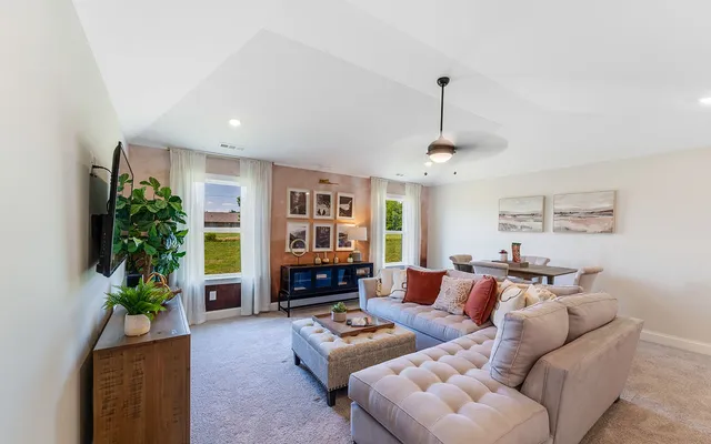a living room with furniture and a fireplace