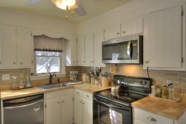 a view of a room with shelves