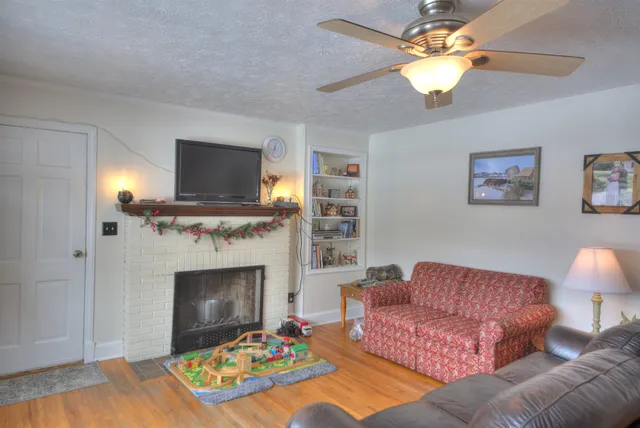 a living room with furniture flowerpot and a flat screen tv
