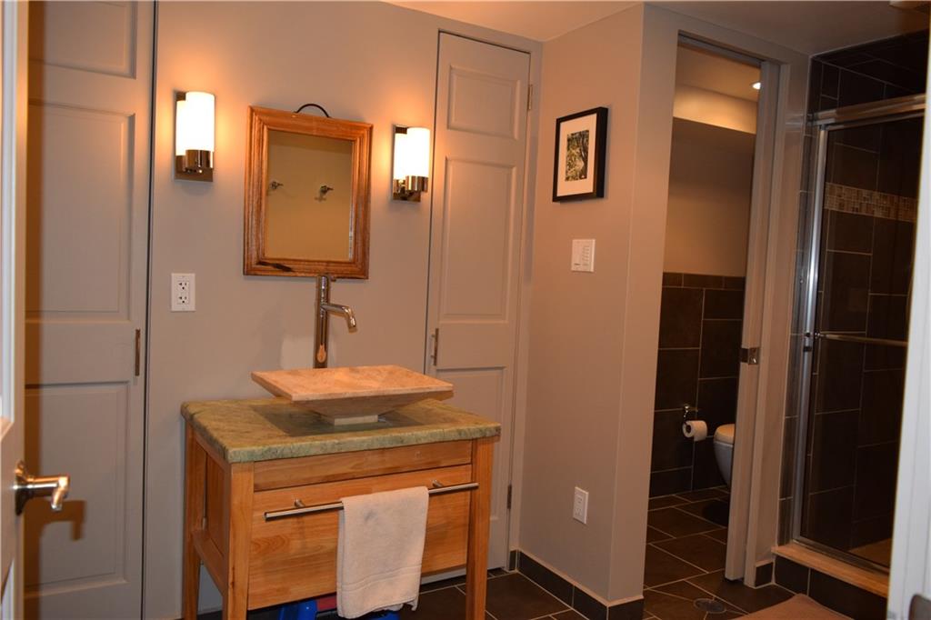 406 Buckingham Road Fox Chapel, PA 15215 - Photo 19 of 25 This stylish bathroom on the lower level features abundant storage, a roomy glass-enclosed shower and a separate toilet room.