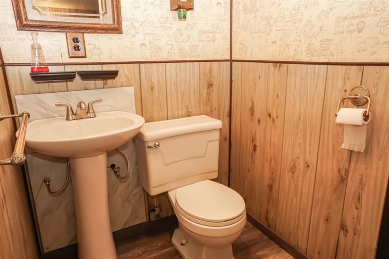 223 East Union Road Cheswick, PA 15024 - Photo 19 of 25 The Lower Level Half Bath boasts the COOLEST WALLPAPER! Brand new Vinyl Wood-like Flooring to plays off of the Wood Paneling. Brand New Pedestal Sink completes the space.
