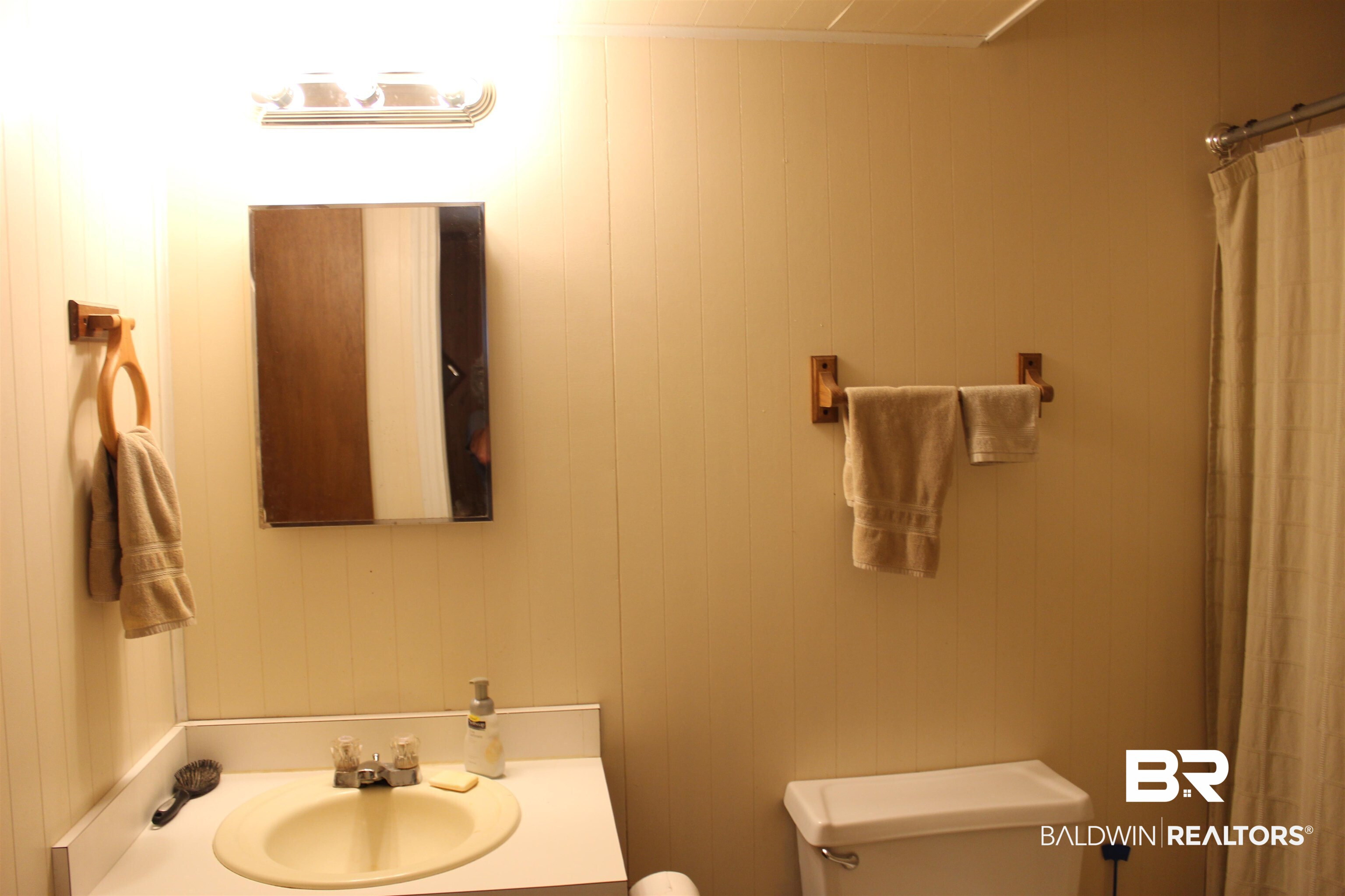 6447 Henderson Road Lowndesboro, AL 36752 - Photo 16 of 22 Bathroom with vanity, a shower with curtain, and wooden walls