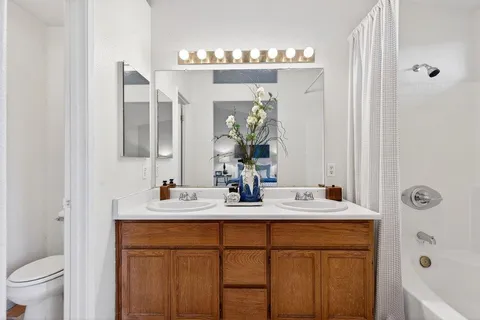 a bathroom with a sink a toilet and a mirror