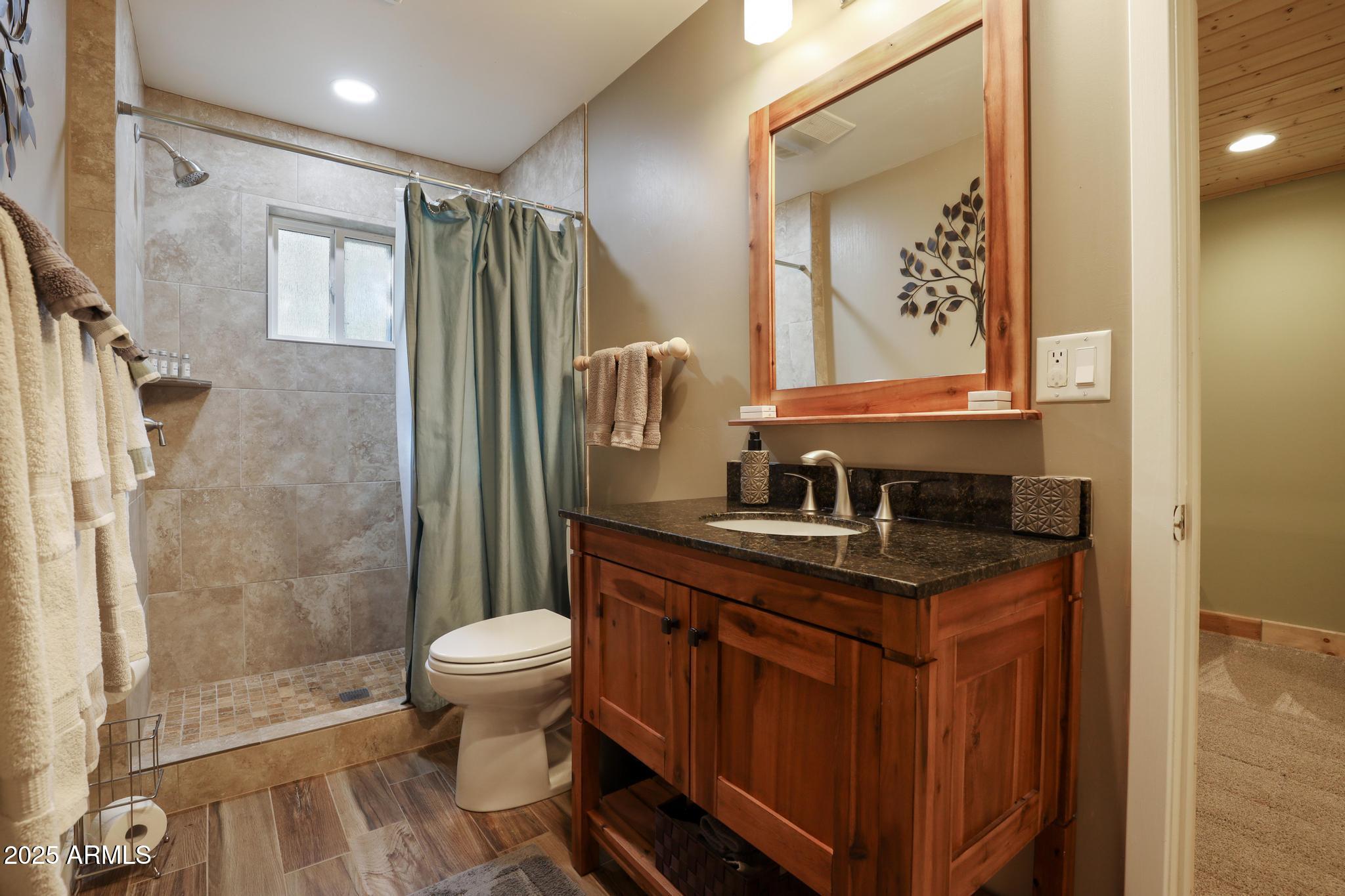 4744 Charles Circle Strawberry, AZ 85544 - Photo 26 of 39 a bathroom with a granite countertop sink a toilet a mirror and shower