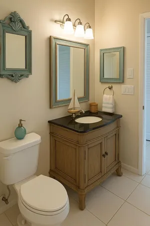 a bathroom with a toilet sink and mirror