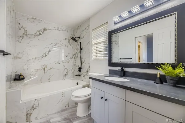 a bathroom with a granite countertop sink a toilet and a bathtub