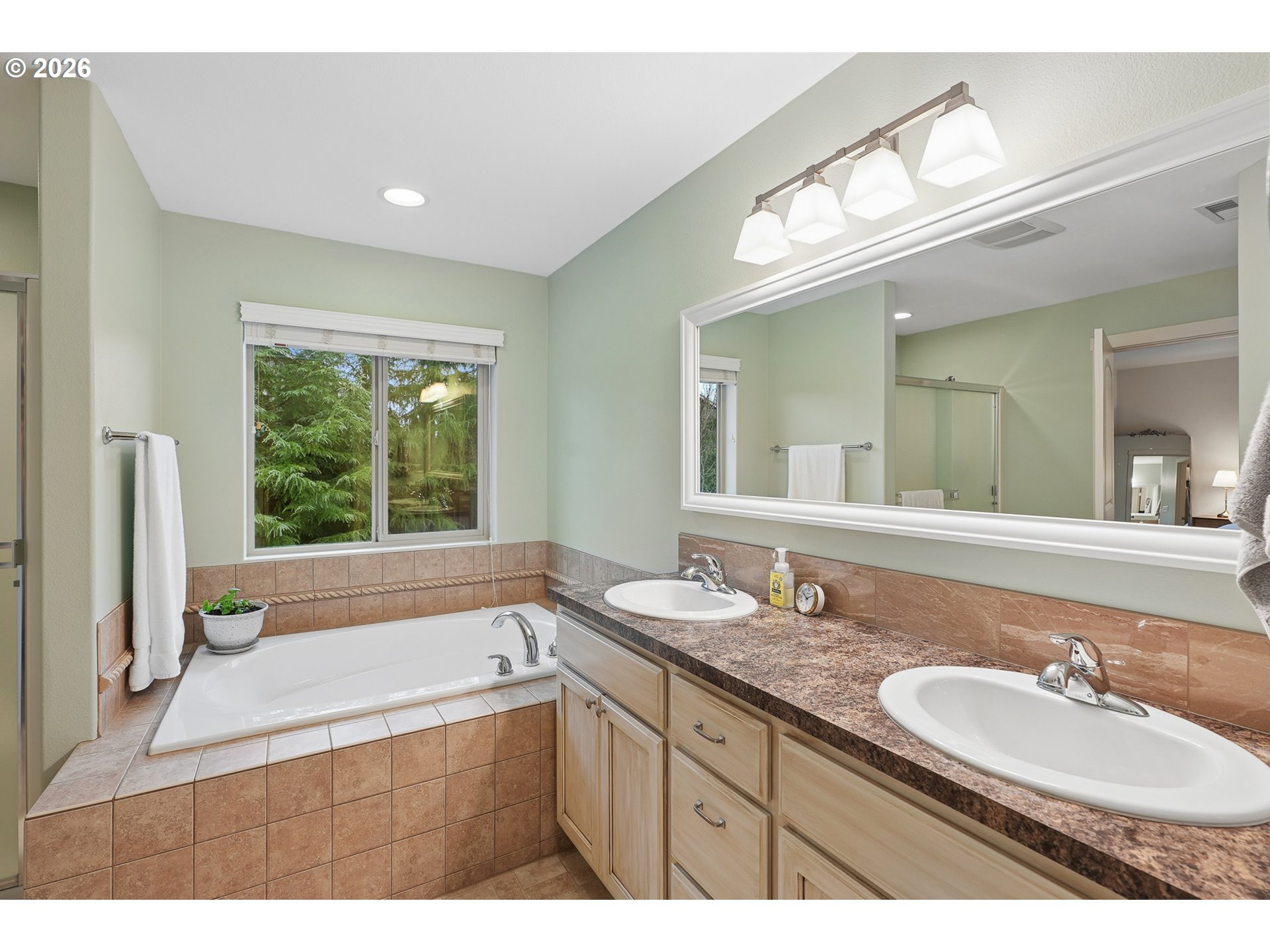 504 North Allen Creek Drive Ridgefield, WA 98642 - Photo 25 of 38 a bathroom with a sink a large mirror and a bathtub