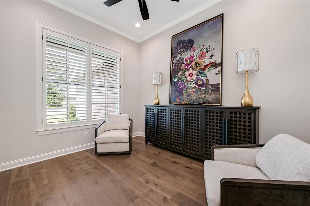 8005 Bee Cave Road China Spring, TX 76633 - Photo 9 of 40 Sitting room featuring ornamental molding, wood finished floors, ceiling fan, and recessed lighting