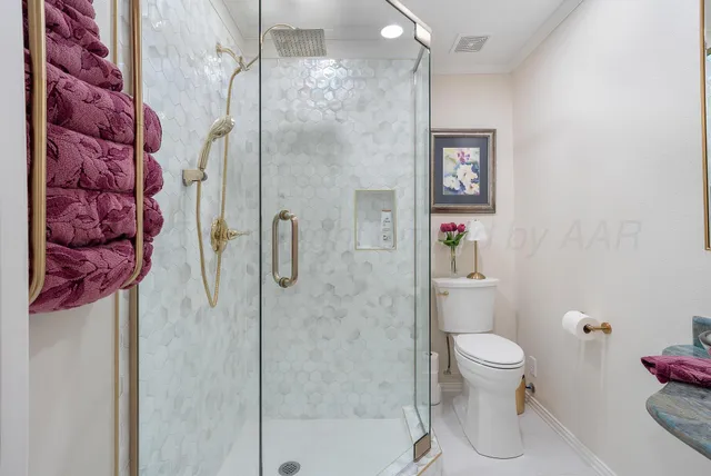 a bathroom with a shower and toilet