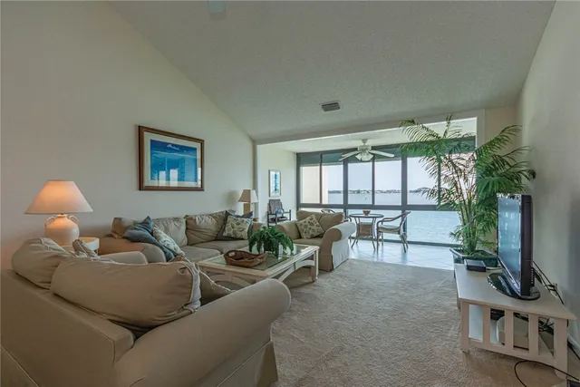 a living room with furniture potted plant and a large window