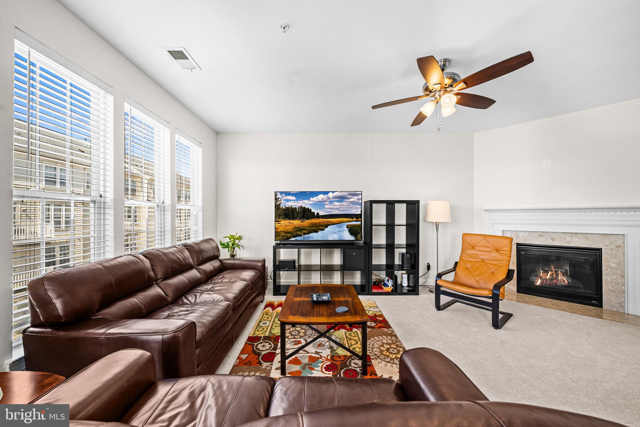 5725 Callcott Way, Unit P Alexandria, VA 22312 - Photo 22 of 40 a living room with furniture ceiling fan and a fireplace
