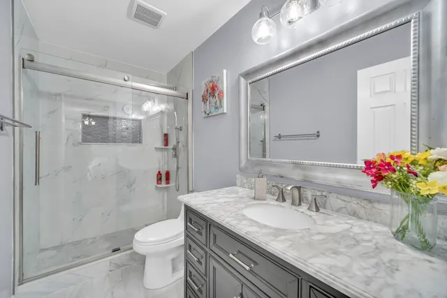 a bathroom with a granite countertop sink a toilet and a mirror