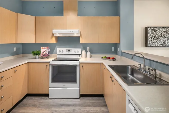 a kitchen with a sink a stove and refrigerator