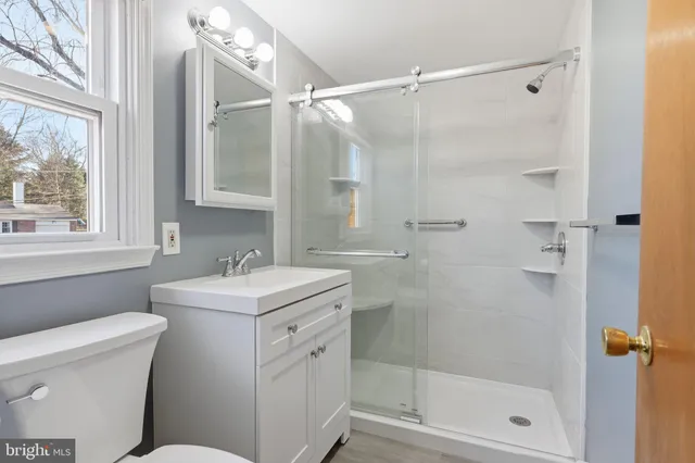 a bathroom with a shower sink vanity mirror and toilet