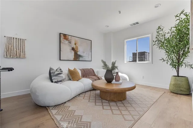 a living room with furniture and a potted plant