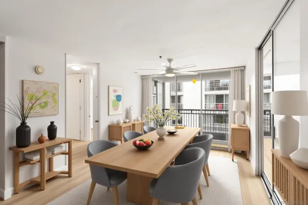 a view of a dining room with furniture and a potted plant