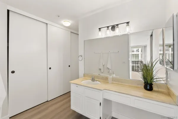 a bathroom with a sink a mirror and a potted plant